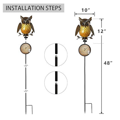 HONGLAND Solar Outdoor Temp Stakes Outdoor Thermometers for Outside Metal Owl Waterproof Patio Lawn Temperature with Solar Warm LED Lights for Yard and Garden, Holiday Gifts for Man Woman