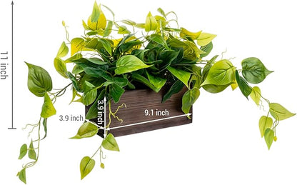 MyGift Vibrant Lifelike Artificial Plant Pothos Leafy Vine Greenery in Burnt Brown Solid Wood Rectangular Planter Box