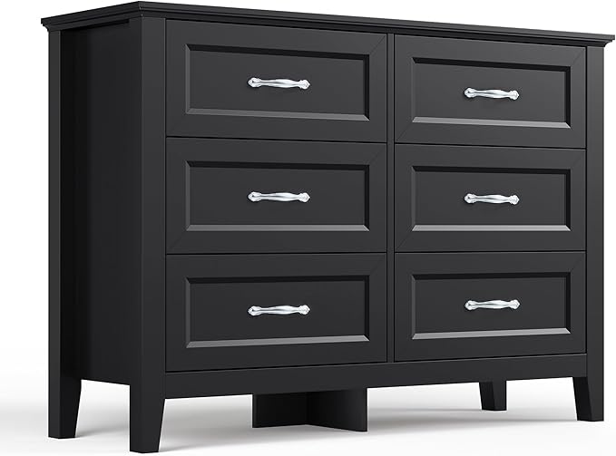 LINSY HOME 6 Drawers Dresser for Bedroom, 47" Wide Wooden Storage Chest with Antique Handles, Modern Farmhouse Dresser TV Stand with Wood Legs for Closet, Living Room, Hallway, Black