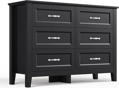 LINSY HOME 6 Drawers Dresser for Bedroom, 47" Wide Wooden Storage Chest with Antique Handles, Modern Farmhouse Dresser TV Stand with Wood Legs for Closet, Living Room, Hallway, Black