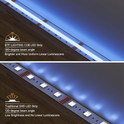 BTF-LIGHTING FCOB COB RGBCCT Color Changing LED Strip,UL Listed 960LED/m High Density 16.4FT RGB+Tunable White 3000K-6000K DC12V 12mm Width Flexible Light for Home Decor(No Adapter or Controller)