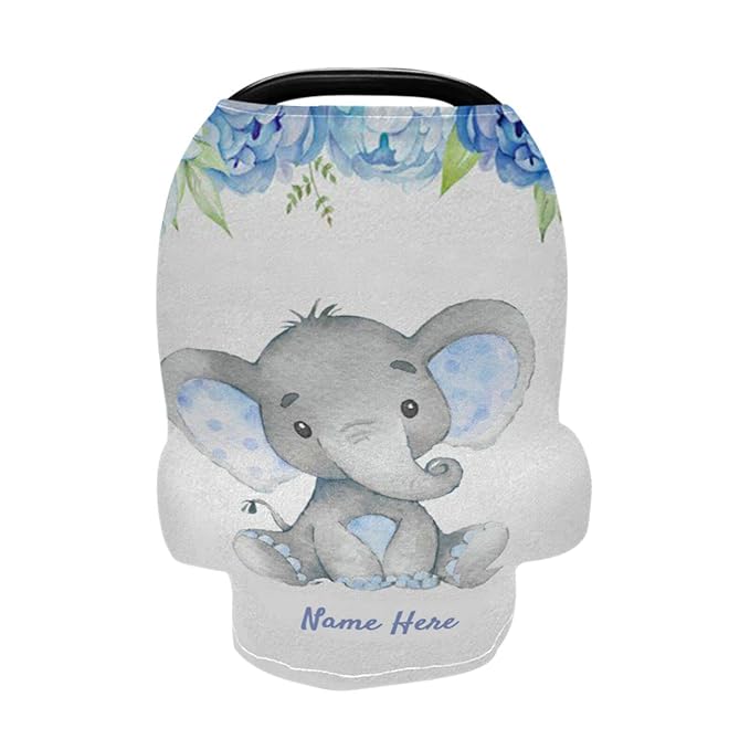 Personalized Baby Car Seat Cover with Name & Date, Custom Cute Elephant Baby Car Seats Canopy for Boys Girls, Nursing Breastfeeding Stroller Covers, Gift for Newborn Infant