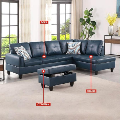 Denim L-Shaped 3-Piece Faux Leather Sofa with Storage Ottoman Set, Sectional Couch Sofa Set for Living Room, Office, Small Space