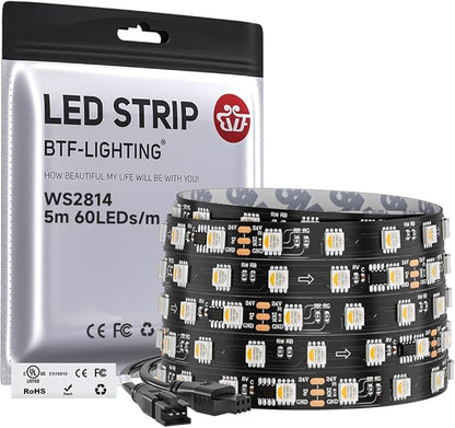 BTF-LIGHTING WS2814 IC RGBW RGB+Cool White (Similar WS2812B),Addressable DC24V 16.4FT 60LED/m 10pixel/m,UL Listed,4 Colors in 1 Dream Color LED Strip IP30 for Home Decor(No Adapter or Controller)