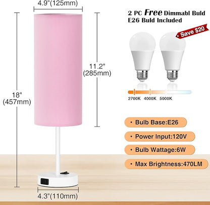 ZJOJO Table Lamp for Bedroom 2 Pack,18in Bedside Lamps with 3 Way Dimmable Rocker Switch & AC Outlet,Nightstand Desk Lamp with Pink Fabric Shade White Base for Living Room Home Decor Lights
