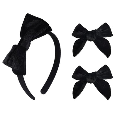 Velvet Bow Headband & 2 Pcs 4 Inch Hair Bows Set, Black School Hair Accessories for Little Toddler School Girls (Velvet Black)