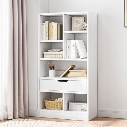 IOTXY Wooden Open Shelf Bookcase - 51 Inches Height Freestanding Display Storage Cabinet Organizer with 7 Cubes and a Drawer, Floor Standing Bookshelf in Warm White