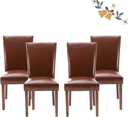 Parsons Dining Chairs Set of 4, Upholstered Nailhead PU Leather Dining Room Kitchen Side Chair with Thick Cushions and Wood Legs, Light Brown