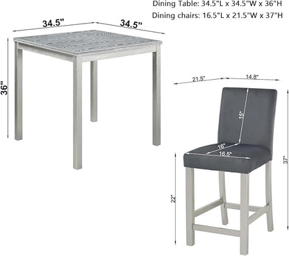 Dining Table Set for 4, 5-Piece Dining Room Table Set with Square Crystal Decoration Table & 4 Upholstered Backrest Chairs, Counter Height Kitchen Sets with Wood Grain & Footrest, Grey