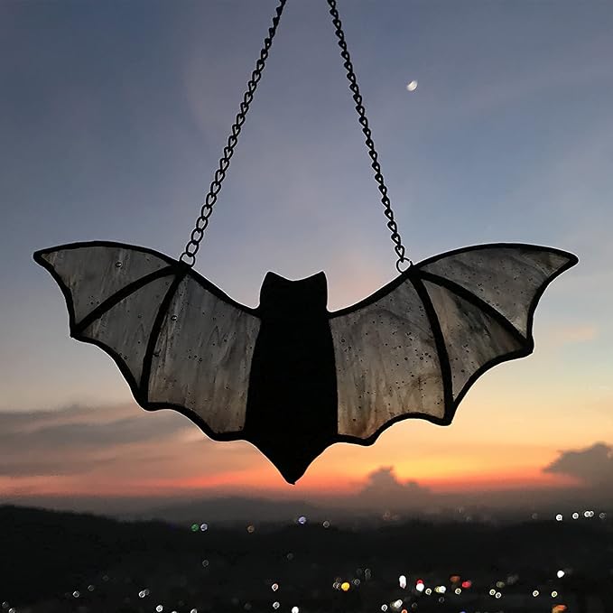 Raven on Moon Stained Glass Window Hangings,Crow Suncatcher Halloween Decorations, Handmade Raven Birds Sun Catchers Indoor Window Gothic Home Decor (Bat C)
