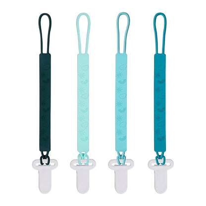 One Piece Design Silicone Pacifier Clip Holder for Baby Boys and Girls,Pack of 4 Flexible Paci Leash,Binky Clips,Newborn Essentials (Sun & Cloud & Rainbow, Green)