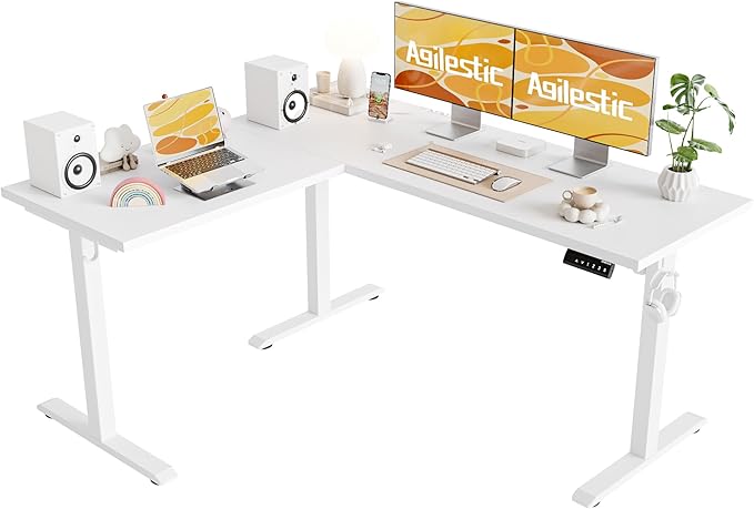 Agilestic 59 Inch L Shaped Standing Desk Adjustable Height, Electric Corner Standing Desk, Sit Stand Computer Table with Splice Board, White