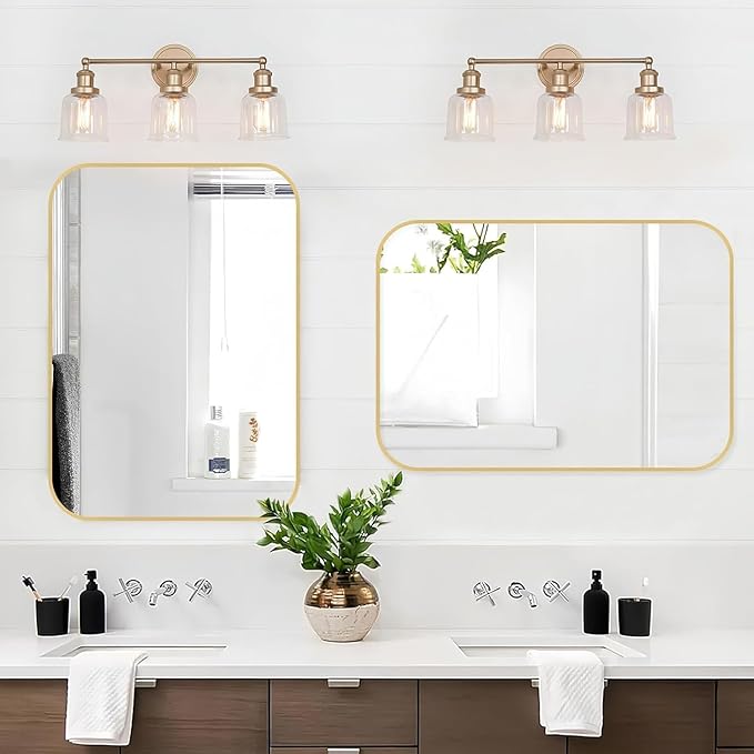 Gold Bathroom Mirror, 24x32 Inch Brushed Gold Mirror, Aluminum Alloy Framed Rectangle Bathroom Mirror for Over Sink, Anti-Rust Wall Mirror (Horizontally or Vertically)