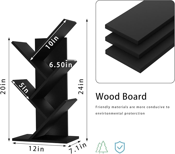 5 Tier Tree Book Shelf, Small Desktop Bookshelf with Storage Organizer, Wood Bookcase, Desk Display Bookshelves, Floor Standing Organizer Bookcases for Living Room,Bedroom,Office-Black