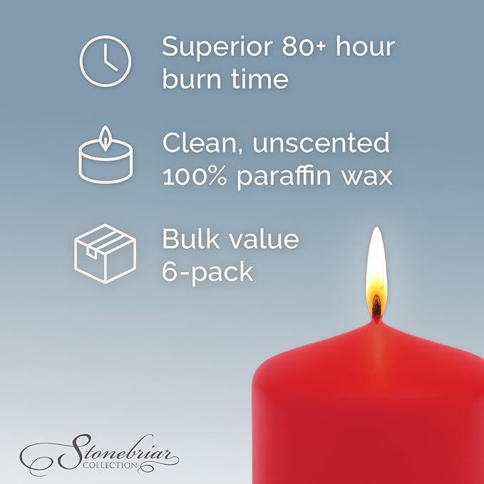 Stonebriar Unscented Pillar Candles – 80 Hour Burn Time, Long-Lasting Wax Candles for Weddings, Holidays, Home Décor & Special Events, Pack of 6, Red, 3" x 8"
