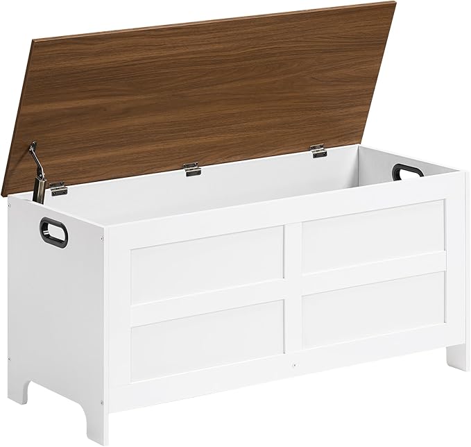 Storage Chest, 39.4” Large Toy Chest, Entryway Storage Trunk, Storage Bench with Safety Hinge, Entrance Bench for Living Room, Entrance, Bedroom, White+Walnut SCBZ48301