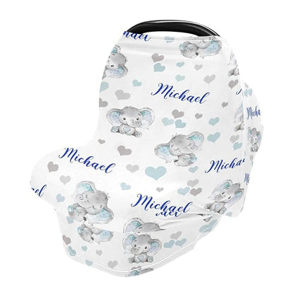 Personalized Cute Elephant Baby Car Seat Covers with Name, Custom Multiuse Nursing Breastfeeding Car seat Canopy, Infant Stroller Covers for Newborn Girl Boy, Ultra-Soft Breathable, Nursing Scarf