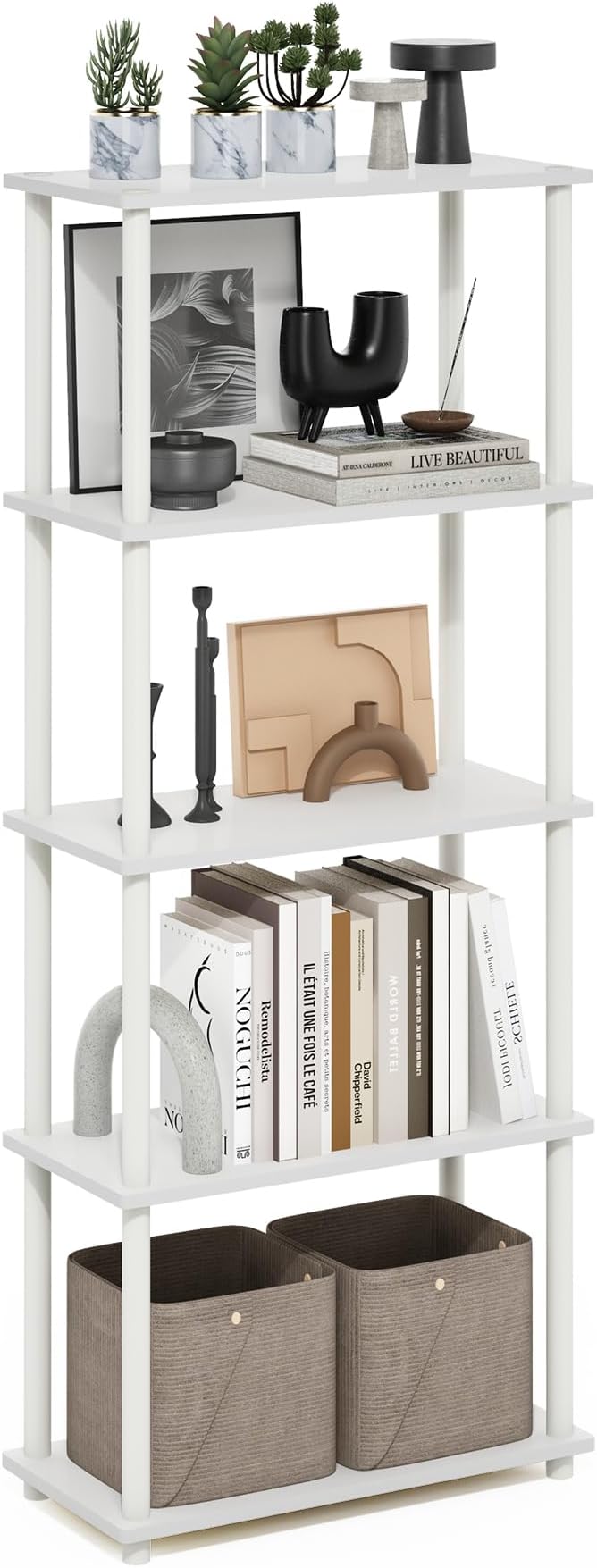 Furinno Turn-N-Tube 5-Tier Multipurpose Shelf Display Rack, White/White