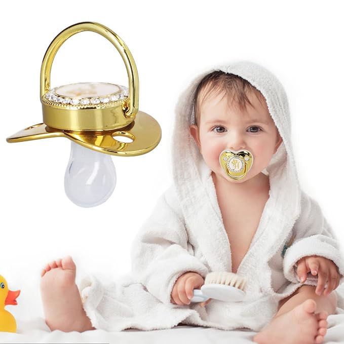 Golden Letter Baby Pacifier with Personalized Bling Design, Clips, Anti-Dust Cover for Newborn Photography, Birthday, Baby Shower