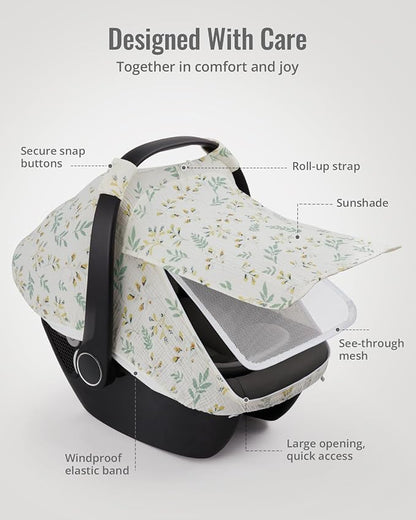 Blissful Diary Baby Car Seat Cover, Extra Large Mesh Window, Breathable Muslin Cotton, Infant Windproof Canopy, Must-Have Baby Gift - Botanical Leaf