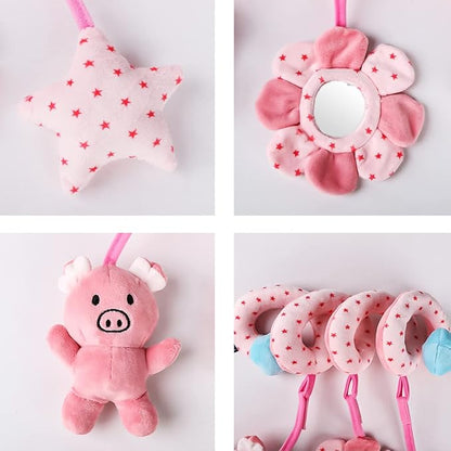 Baby Car Seat Toys, Infant Activity Spiral Plush Toys Hanging Stroller Toys for Baby Girl and Boy with Distorting Mirror (Pink Pig)