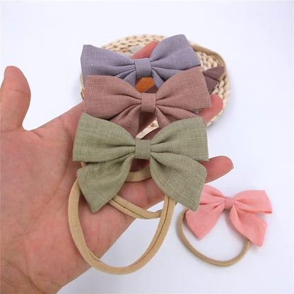 Sugarmelon Linen Bow Nylon Headband for Baby Newborn Infant Toddler Hair Bow Elastic Bands for Baby Girls Little Kids Headbands (Linen Sailor bow 3.2'')