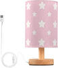 Table Lamp Pastel Pink Pattern with Star Nightstand Lamp with Wood Base Fabric Lamp Shade Bedside Desk Lamp for Living Room Bedroom Kids Room Office
