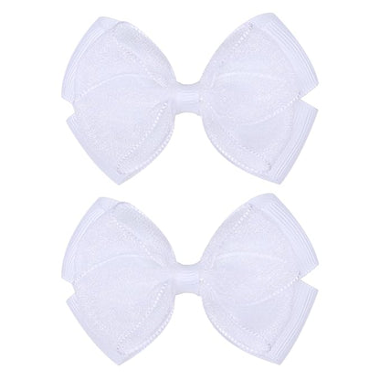 Tiny 3 Inch Organza Double Hair Bow Clips - Lined Boutique Alligator Hairpin for Baby Girls, Toddlers, and Little Teens - Kids Barrettes Set of 2 Small Stylish (White)