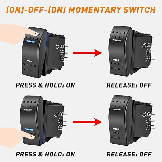 Nilight Momentary Rocker Switch (ON)-Off-(ON) Toggle Switches DPDT 7Pin 12V 24V on Off on LED Switch for Cars Trucks Caravans Boats Winch Pump with Jumper Wire