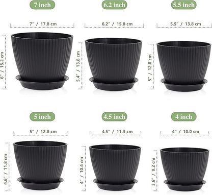 7/6.2/5.5/5/4.5/4 inch Flower Pots, 6 Pack Plant Pots for Small Indoor Outdoor Plants, Plastic Planters with Drainage Holes and Saucers for Garden Succulent House Plants, Black