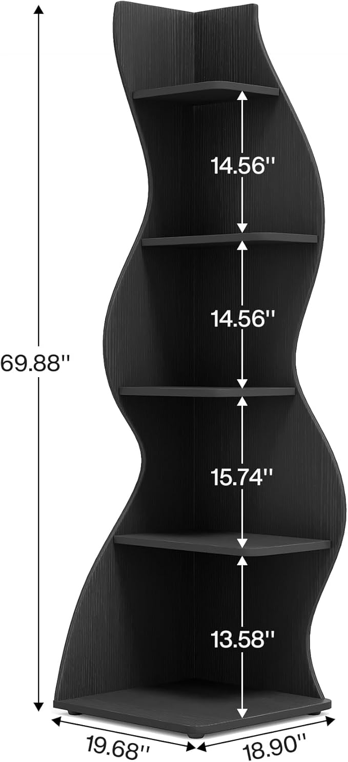Tribesigns Corner Shelf, Modern 5-Tier Wall Corner Bookshelf, Stylish Corner Small Bookcase Storage Rack Plant Stand with Unique Shape for Living Room, Home Office, (2PCS, Black)