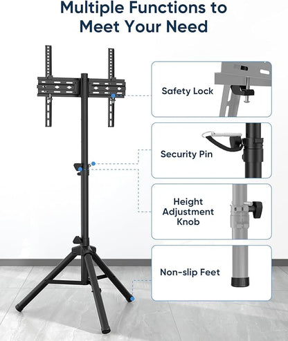 FORGING MOUNT Tripod Portable Floor TV Stand,Foldable Stand Height Adjustable for Portable Display Floor TV Stand 26-65" Flat Screen/Curved TVs, Holds Up to 77lbs