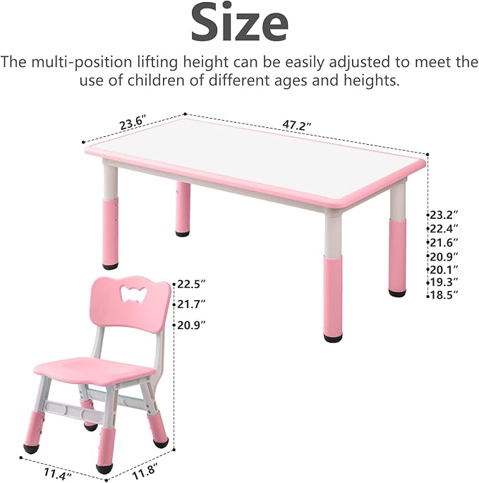 Children's Table and Chair Set Suitable for Boys and Girls Age 2-12 Height Adjustable Table top Can be Painted with 6 Seats Suitable for Family Learning Daily use (Pink)