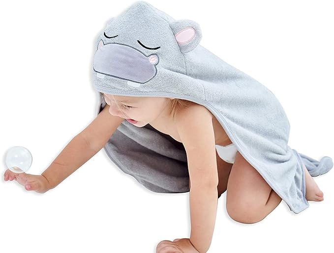 HIPHOP PANDA Hooded Towel - Rayon Made from Bamboo, Bath Towel with Bear Ears for Newborn, Babie, Toddler, Infant - Absorbent Large Baby Towel - Hippo, 30 x 30 Inch
