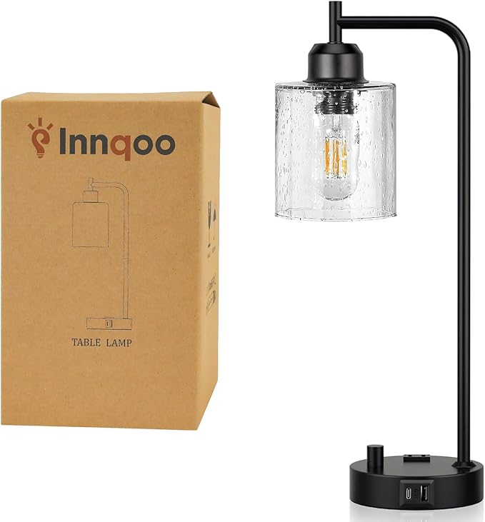 Industrial Bedside Table Lamp for Bedroom - Nightstand Lamps with USB C Charging Port, Fully Dimmable Black Ports and Outlets, Small Desk Glass Shade Office Living Room