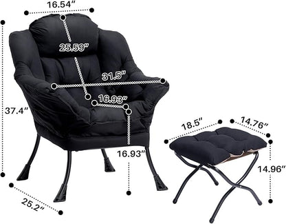 HollyHOME Fabric Lazy Chair with Foldable Ottoman, Accent Comfy Lounge Arm Chair and Folding Footrest Stool Set, Leisure Sofa Reading Chair and Footstool for Living Room, Bedroom, Dorm, Matte Black