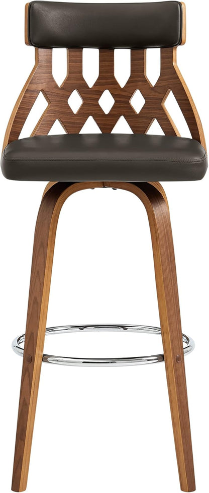 Armen Living Crux Mid Century Modern Swivel Bar Stool for Kitchen Island Counter in Brown Faux Leather and Walnut Wood, 26" Seat Height