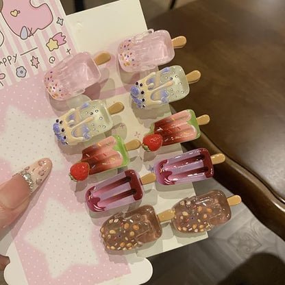 5 Pairs(10 Pcs) Super Cute Lovely Summer Realistic Mini Icecream Hairpin Ice Sucker Hair Clips Hair Decoration Women Girls Salon Hairstyle Hairdressing Grip -Icecream