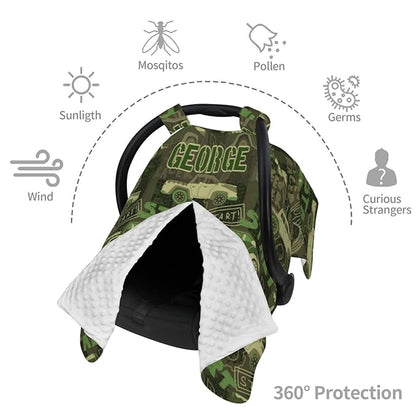 Personalized Baby Car Seat Canopy for Babies with Name, Custom Camo Car Stroller Car Seat Covers for Boys Girls, Minky Nursing Carseat Cover for Breastfeeding, Car Seat Canopies for Infant Newborn