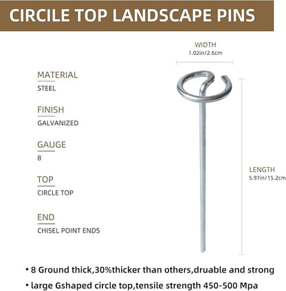 50 Pack Circle Top Landscape Fabric Stakes 8 Gauge Landscape Pins, More Holding Power Than U-Shape Garden Staples, 6 Inch Length Garden Stakes Not Easy to Bend, Yard Lawn Spikes for Plant Cover