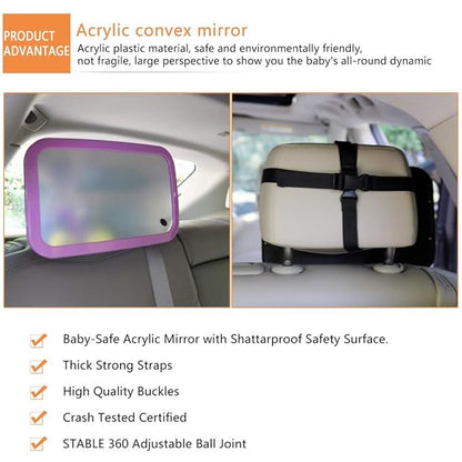 Baby Mirror for Car - Safety Car Seat Mirror for Rear Facing Infant with Wide Crystal Clear View - Adjustable Acrylic 360°for Backseat - Safe, Secure and Shatterproof (Purple)