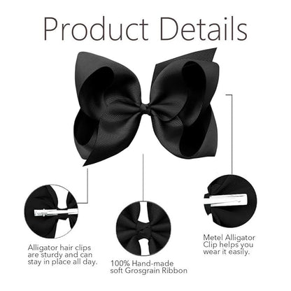 Oaoleer Big Hair Bows for Girls 12 PCS 6" Black Grosgrain Ribbon Large Boutique Bow Alligator Clips Hair Accessories for Toddlers Little Girls Kids