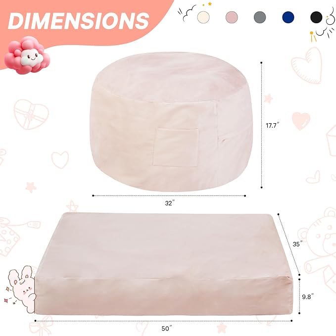 Kids Bean Bag Chair Bed - Convertible Lazy Chair to Floor Mattress with Filler - Small Beanbag Chair for Boys and Girls - Floor Couch Sofa in Bedroom, Classroom, Reading Nook - Pink