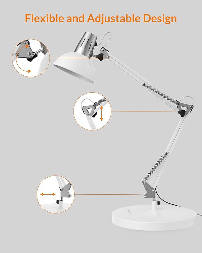 LEPOWER Metal Desk Lamp, Adjustable Goose Neck Architect Table Lamp with On/Off Switch, Swing Arm Desk Lamp with Clamp, Eye-Caring Reading Lamp for Bedroom, Study Room &Office (White)