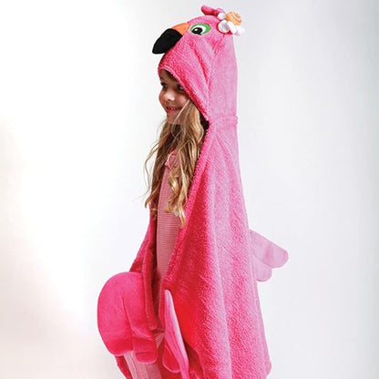 ZOOCCHINI Hooded Bath Towel for Kids 100% Cotton Terry, Plush & Absorbent for Bathtime or Pool, 50" x 22" 2-6 Years, Franny the Flamingo