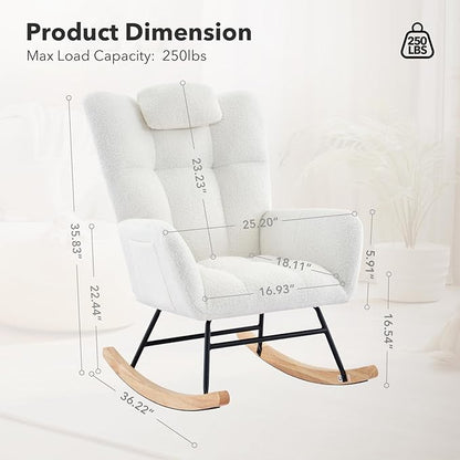Nursery Rocking Chair,300Lb Glider Chair with Wood Legs/Two Side Pockets,Teddy Upholstered Glider Rocker with Padded Seat High Backrest for Living Room/Bedroom/Nursery
