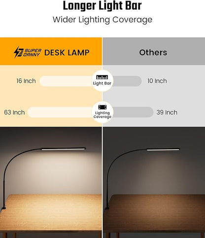 SUPERDANNY Eye-Caring LED Desk Lamp 360° Flexible Gooseneck Work Lamp with Desk Side Clamp Touch Control 3 Light Colors Smooth Dimming Task Lighting Reading Light for Home Office College Dorm, Black