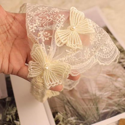 Baby Girls Headband Lacy Bow Pearl Wide Hair Band Turban for Infants Newborn Toddler Floral Ivory Elastic Head Wrap Breathable Sun Bonnet Hair Accessories (Ivory B)