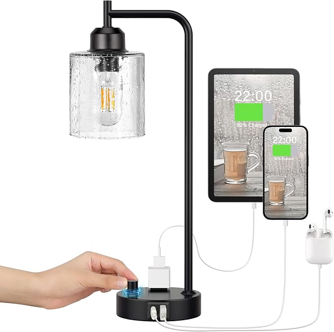 Industrial Bedside Table Lamp for Bedroom - Nightstand Lamps with USB C Charging Port, Fully Dimmable Black Ports and Outlets, Small Desk Glass Shade Office Living Room