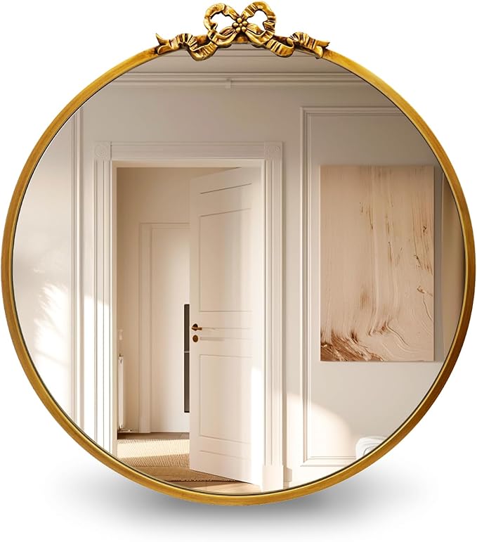 Vintage Gold Round Mirror 23.6inch Decorative Bow Mirrors for Wall Antique Bathroom Vanity Ornate Wall Mirror, Metal Baroque Bow Decor for Living Room, Entryway, Bedroom, Hallway